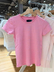LIZAKOSHT - Pink Striped Slim T-shirts Woman Summer Round Neck Short Sleeve Tee Shirts Female Sweet Cute Preppy Style Cotton Tshirt Y2k Tops