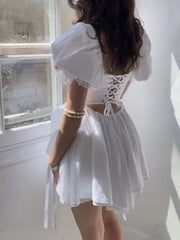 LIZAKOSHT White Sexy Tie Up Puff Sleeve Cotton Summer Women Dress Vintage Lace Dress Petite Beach Mini Backless Short Dress Vestido Mujer
