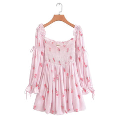 LIZAKOSHT - Sweet Women Pink Floral Print Long Sleeve Holiday Party Princess Mini Dress Summer 2024 Robe