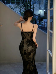 LIZAKOSHT - Lace Black Elegant Women Dress Vintage Strap Embroidery Floral Mermaid Midi Club Gown Robe Femme Ropa Sexy Mujer Verano Vestidos