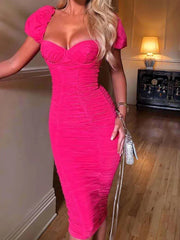 LIZAKOSHT - Summer Women's Puff Sleeve Mesh Pleated Midi Dress With Pads Sexy Party Women's Dress Double Layer