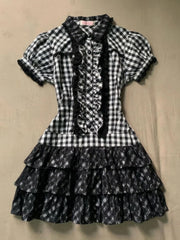 LIZAKOSHT - Vintage Design Black Plaid Dress Women's Summer Hot Girl Lapel Short Sleeve Shirt Dresses Fashion Hepburn Slim Thin New Outfits