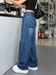 LIZAKOSHT  -  Blue Jeans Women Y2K Hip Hop Fashion Vintage High Waisted Cargo Jeans Streetwear Casual Loose Large Size Wide Leg Denim Pants