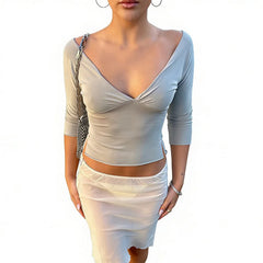 LIZAKOSHT - Deep V Neck Sleeve Ruched Cropped Top Wrap Front Slim Stretch Spring Summer Chic b Lady Women Sexy Minimalist Blaze