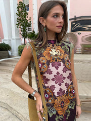 LIZAKOSHT - Women Dress Floral Print Fringe Midi Dresses Burgundy Sleeveless High Neck Asymmetrical Hem Party Dress Summer Woman Clothes