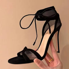 LIZAKOSHT  -  Sexy Open Toe Dancing Woman's Sandals Air Mesh Cover Strap Lace Up Thin High Heels Banquet Party Prom Shoes Female Black