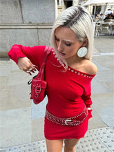 LIZAKOSHT - Autumn Hipster Inclined Shoulder Mini Dress Casual Street Outfits Women 2024 Fashion Rivet Long Sleeve Bodycon Red Dress