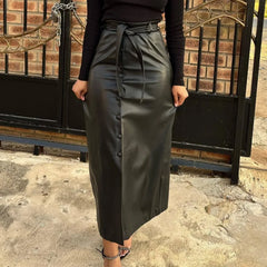 LIZAKOSHT - New Women's Autumn and Winter Mid Length Skirt, Black PU Leather Bag Hip Skirt, Button Slit Half Body Leather Skirt with Belt