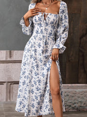 LIZAKOSHT - Boho Long Dresses Women Lace Up Side Split Dress Square Collar Long Sleeve Backless Maxi Dress Floral Print Beach Party Vestidos