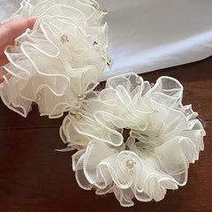 LIZAKOSHT - 1PC White Veil Hydrangea Scrunchie with Crystal Hair Ornament, Elegant Bun Hair Rope, New Style Hair Accessory