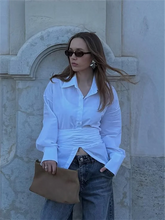 LIZAKOSHT - Chic Waist Cinching Lapel Shirt Woman Solid Color Irregular Hem Long Sleeves Slim Top Casual Commuting Versatile Women's Shirts