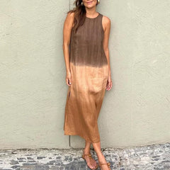 LIZAKOSHT - Elegant O-Neck Straight Office Dress Women Side Split Beach Pullover Dress Casual Summer Sleeveless Gradient Long Dress