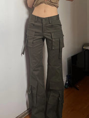 LIZAKOSHT - Y2K Denim Flare Pants Women Pockets Patchwork Straight Cargo Low Waist Trousers Vintage Casual Gray Streetwear Jeans