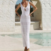LIZAKOSHT - Summer Casual Hollow Out Knitted Slim Dress Female Sleeveless Lace-up Holiday Beach Dress Women Seaside V-Neck Long Dress