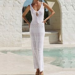 LIZAKOSHT - Summer Casual Hollow Out Knitted Slim Dress Female Sleeveless Lace-up Holiday Beach Dress Women Seaside V-Neck Long Dress
