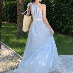 LIZAKOSHT - Summer Women French Premium Niche Temperament Seaside Holiday Blue Hanging Neck Large Size Sanya Beach Dresses