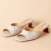 LIZAKOSHT - Vintage Hollowed Out Open Toe Slide Sandals Women 2025 Summer Sexy Bow Decorative Square Toe Chunky High Heel Women Slippers
