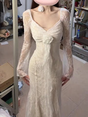 LIZAKOSHT - Fashion Rose Ribbon V-neck Dresses Sexy Lace Slim Fit Bodycondress for Women 2025 Summer New Long Sleeve Vestidos De Mujer