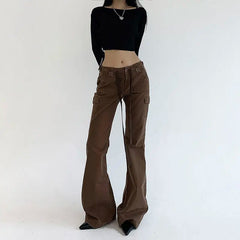 LIZAKOSHT  -  Flare Jeans Button Ribbon Low Rise Brown For Women Streetwear Y2K Aesthetic Cargo Jean Pants Vintage Denim Trousers
