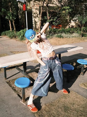 LIZAKOSHT  -  Y2k Kawaii Sweet High Waist Wide Leg Pants Women American Retro Trendy Design Streetwear Graffiti Print Oversized Jeans