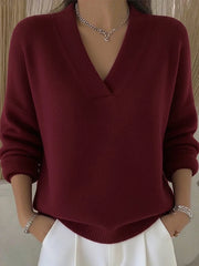 LIZAKOSHT - Deep V Neck Knit Sweater Women Long Sleeve Cuff Hem Ribbed Fuzzy Solid Casual Pullover Jumper Autumn Fashion Casual Tops