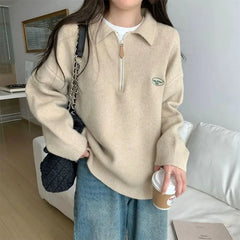 LIZAKOSHT - Sweaters Half Zipper POLO Neck Women Girls Vintage Preppy Sweatshirt Jumper Gray Khaki Loose Long Sleeve Pullover Korean Fashion