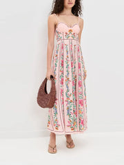 LIZAKOSHT - Sexy Printed Bead Sling Dress Women Fashion Sleeveless High Waist Pleated A-line Long Dresses 2025 Lady Summer Chic Party Robes