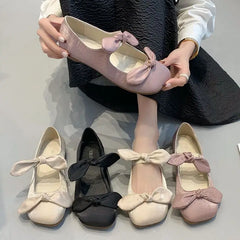 LIZAKOSHT - Shoes for Women Flats with Bow Ladies Summer Footwear Pink Kawaii Square Toe Cute Flat on Offer Promotion Vacation E Spring