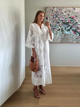 LIZAKOSHT - Solid Lace Hollow Out Women's Dress Elegant V-neck Patchwork Puff Sleeve Long Dressess Female Summer Fashion New Lady Robes