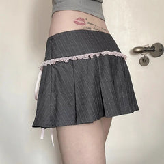 LIZAKOSHT - Y2k Girl Lace Bow Low Waist Pleated Striped Skirt Pastel Goth Sweet Pleated Skirt Women Aesthetic Fairy Grunge Elegant Skirt