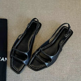 LIZAKOSHT - Designer Retro Summer Buckle Sandals French Elegant Women Flat Sandals Beach Square Toe Roman Shoes Ladies