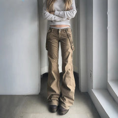 LIZAKOSHT  -  Y2K Fashion Women Brown Flare Jeans Vintage Street Low Waisted Cargo Pants 90s Outfits Harajuku Denim Trousers Retro