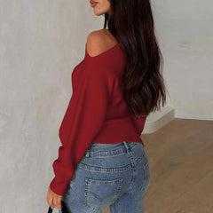 LIZAKOSHT  -  Autumn Irregular Long-sleeved Simple Diagonal Shoulder Elastic Slim Fit Split T-shirt Top Ruched Streetwear Party Clothing