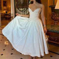 LIZAKOSHT - Women Sexy Strapless Hollow Out Evening Dress Spring Pure High Waist Hem Long Dress Summer Sleeveless Backless A-Line Maxi Dress