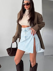 LIZAKOSHT - Women's Asymmetrical Zipper Denim Skirt High Waist A-Line Skirt Slim Fit Spring Summer Ladies Skirts
