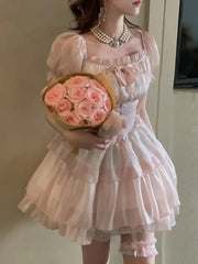 LIZAKOSHT - Summer French Vintage Sweet Dresses Female Kawaii Y2K Fashion Fariy Mini Dress Korean Party Ruffles Puff Sleeve Cake Dress