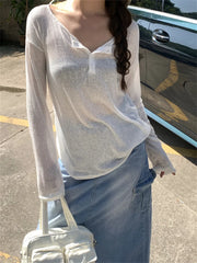 LIZAKOSHT - Sexy Backless Tees Loose Women Sunscreen Casual All Match High Street T-Shirts Office Lady Full Sleeve Daily Solid