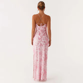 LIZAKOSHT - Women Summer Glitter Sequin Beaded Flower Cami Dress Slim High Split Spaghetti Strap Open Back Long Dresses for Party Club