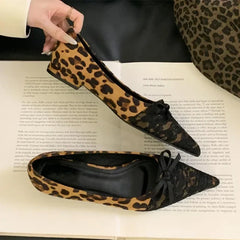 LIZAKOSHT - Elegant Pointed Toe Women Shoes Leopard Print Shallow Mules Shoes 2025 Spring Fashion Suede Bow Design Flat Shoes Zapatos Mujer