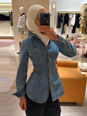 LIZAKOSHT - Fashion Blue Women's Denim Jacket Lapel Button Up Fit Waist Cinching Jean Coats Spring Casual Street Lady New Outerwear