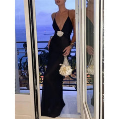 LIZAKOSHT - Sexy PartyDresses Deep V-Neck Maxi Dress For Women Sheer Sleeveless Slip Flower Long Evening Clubwear Sexy Backless Elegant