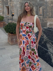 LIZAKOSHT  -  Women Elegant Strapless Printed Maxi Dress Fashion Backless Sleeveless Pleated A-line Dresses 2024 Summer Lady Chic Street Robes