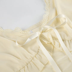 LIZAKOSHT - Women Boho Chic Ruffled Lace V-neck Tank Top Bow Tied Sleeveless Light Yellow Sexy Crop Tops Summer Holiday Camisole