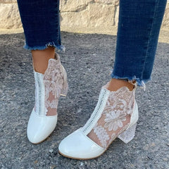 LIZAKOSHT - Ethnic Style Women Retro Lace High Heels Ankle Boots Autumn Embroider Pointed Toe Platform Short Boot Thick Heeled Pumps