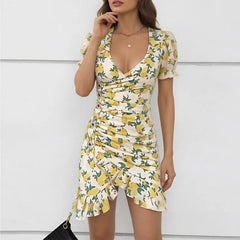 LIZAKOSHT - Summer Women Sexy Flora Painted Ruffle Slim Dress Chic Deep V-neck Double Layered Ruffled Hem Dresses Lady New Daily Party Gowns