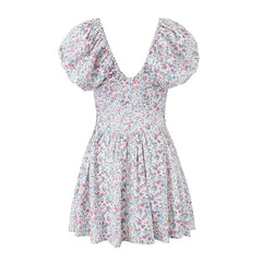 LIZAKOSHT  -  Vintage Puff Sleeve Floral Print Dresses Women V Neck Slim Short Holiday Summer Dress Sweet Robe