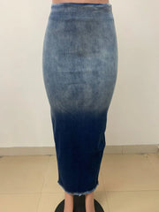 LIZAKOSHT - Women Fashion Gradient High Waist Zipper Back Bodycon Midi Pencil Maxi Long Denim Skirt Street INS Jean Skirts