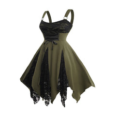 LIZAKOSHT - Dresses for Women Lace Mixed Media O Ring Lace Up Empire Waist A-Line Dress Asymmetric Summer Vest Dress Vestidos Para Mujer