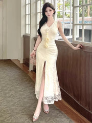 LIZAKOSHT - Elegant Dresses Women Flowers Lace Patchwork Sleeveless Halter Slim Split Temperament Party Dress Summer Fashion