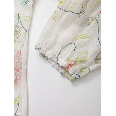 LIZAKOSHT - 2024 Women Floral Embroidery Boho Blouse Shirt Vintage Puff Sleeve Round Neck Female Holiday Summer Tops